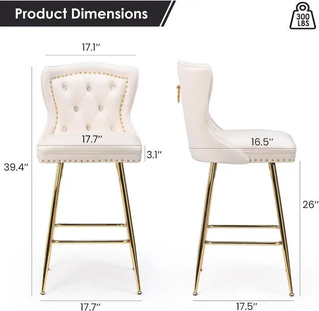 Alt view image 2 of 7 - Farini Bar Stools Set of 4, Velvet Counter Height Bar Stools with Metal Legs, Button Tufted and Nailheads Trim, Wing-Back Bar Chairs for Kitchen Island Dining Room Pub, Beige