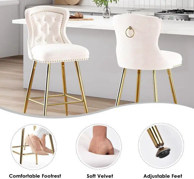 Alt view image 3 of 7 - Farini Bar Stools Set of 4, Velvet Counter Height Bar Stools with Metal Legs, Button Tufted and Nailheads Trim, Wing-Back Bar Chairs for Kitchen Island Dining Room Pub, Beige