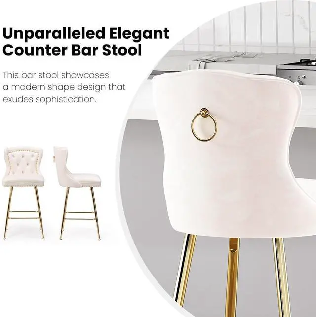 Alt view image 4 of 7 - Farini Bar Stools Set of 4, Velvet Counter Height Bar Stools with Metal Legs, Button Tufted and Nailheads Trim, Wing-Back Bar Chairs for Kitchen Island Dining Room Pub, Beige