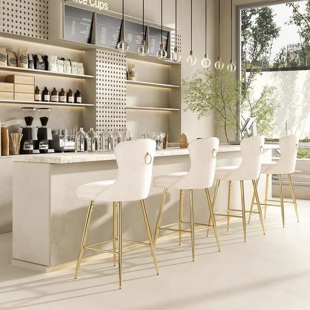 Alt view image 5 of 7 - Farini Bar Stools Set of 4, Velvet Counter Height Bar Stools with Metal Legs, Button Tufted and Nailheads Trim, Wing-Back Bar Chairs for Kitchen Island Dining Room Pub, Beige