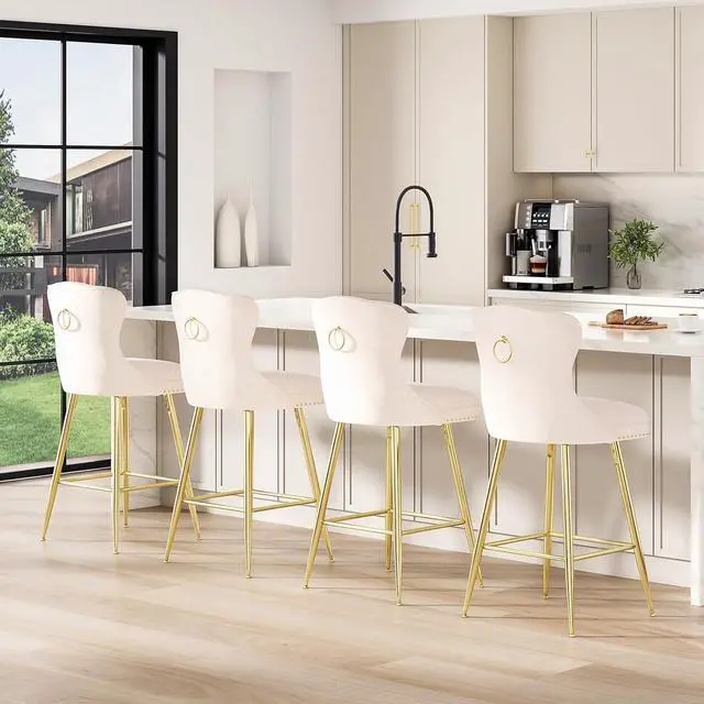 Alt view image 6 of 7 - Farini Bar Stools Set of 4, Velvet Counter Height Bar Stools with Metal Legs, Button Tufted and Nailheads Trim, Wing-Back Bar Chairs for Kitchen Island Dining Room Pub, Beige