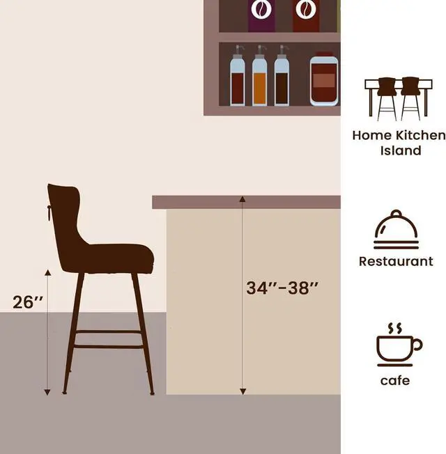 Alt view image 7 of 7 - Farini Bar Stools Set of 4, Velvet Counter Height Bar Stools with Metal Legs, Button Tufted and Nailheads Trim, Wing-Back Bar Chairs for Kitchen Island Dining Room Pub, Beige