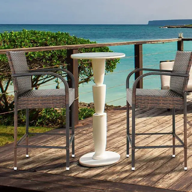 Alt view image 2 of 7 - SUPER DEAL Upgraded Wicker Bar Stool Chairs Outdoor Backyard Rattan Chair w/Iron Frame, Armrest and Footrest (2)