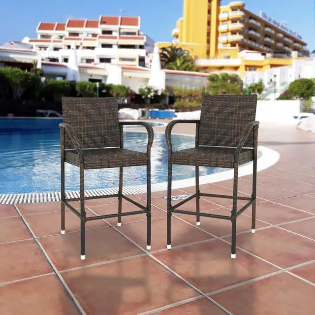 Alt view image 4 of 7 - SUPER DEAL Upgraded Wicker Bar Stool Chairs Outdoor Backyard Rattan Chair w/Iron Frame, Armrest and Footrest (2)