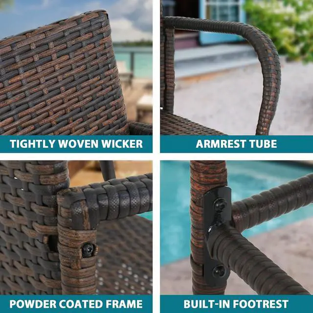 Alt view image 5 of 7 - SUPER DEAL Upgraded Wicker Bar Stool Chairs Outdoor Backyard Rattan Chair w/Iron Frame, Armrest and Footrest (2)
