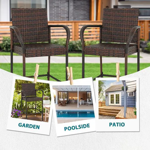 Alt view image 6 of 7 - SUPER DEAL Upgraded Wicker Bar Stool Chairs Outdoor Backyard Rattan Chair w/Iron Frame, Armrest and Footrest (2)