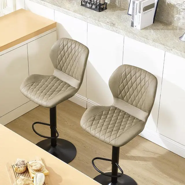 Alt view image 3 of 7 - Bar Stools Set of 2, Adjustable Bar Stools with Back, Modern Swivel Faux Leather Counter Height Barstools for Kitchen Island Chairs Counter Bar, Khaki