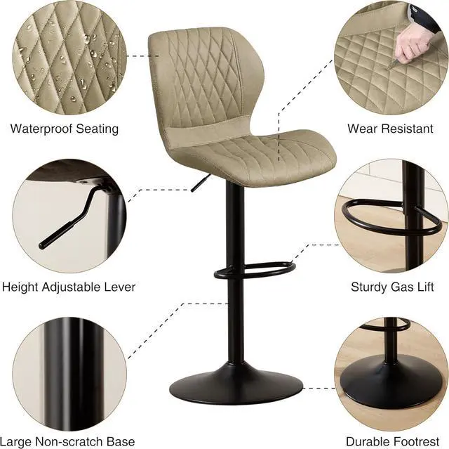 Alt view image 6 of 7 - Bar Stools Set of 2, Adjustable Bar Stools with Back, Modern Swivel Faux Leather Counter Height Barstools for Kitchen Island Chairs Counter Bar, Khaki