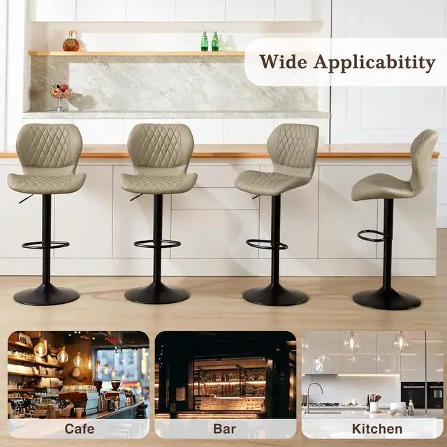 Alt view image 7 of 7 - Bar Stools Set of 2, Adjustable Bar Stools with Back, Modern Swivel Faux Leather Counter Height Barstools for Kitchen Island Chairs Counter Bar, Khaki