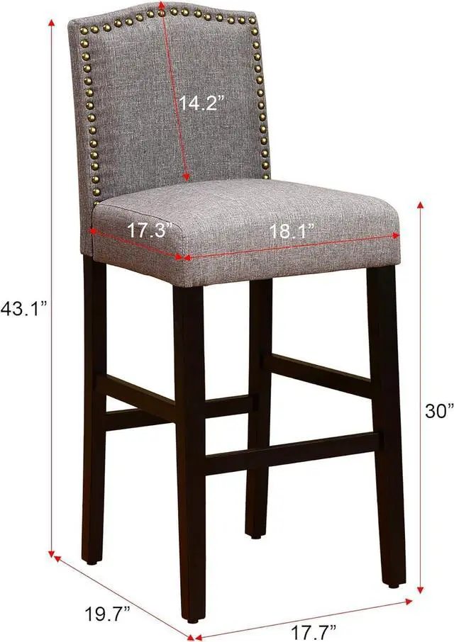 Alt view image 3 of 7 - NOBPEINT Nail Head Studded Fabric Backed Barstools 29 inch Set of 2 NOB7023, Gray