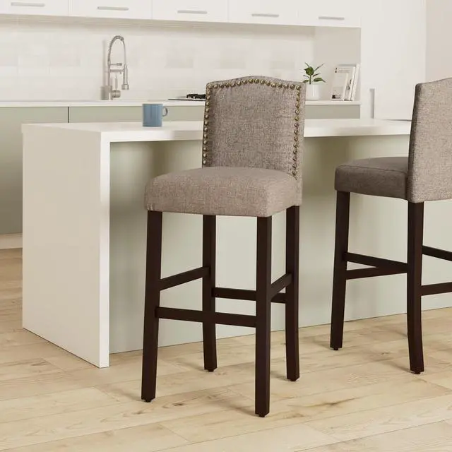 Alt view image 2 of 7 - NOBPEINT Nail Head Studded Fabric Backed Barstools 29 inch Set of 2 NOB7023, Gray