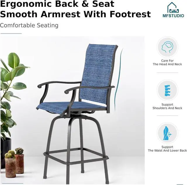 Alt view image 5 of 6 - MFSTUDIO 4 PCS Outdoor Swivel Bar Height Stools, Patio Bar Height Chair Breathable Sling Fabric, All-Weather Resistant, Nave Blue