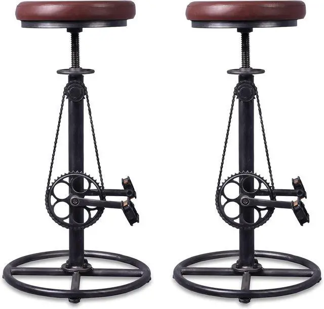 Alt view image 4 of 7 - LOKKHAN Rustic Swivel Adjustable Bike Stool-29-37 Kitchen Counter Bar Height-Set of 2 Industrial Farmhouse Countertop Barstools-Metal and PU Leather
