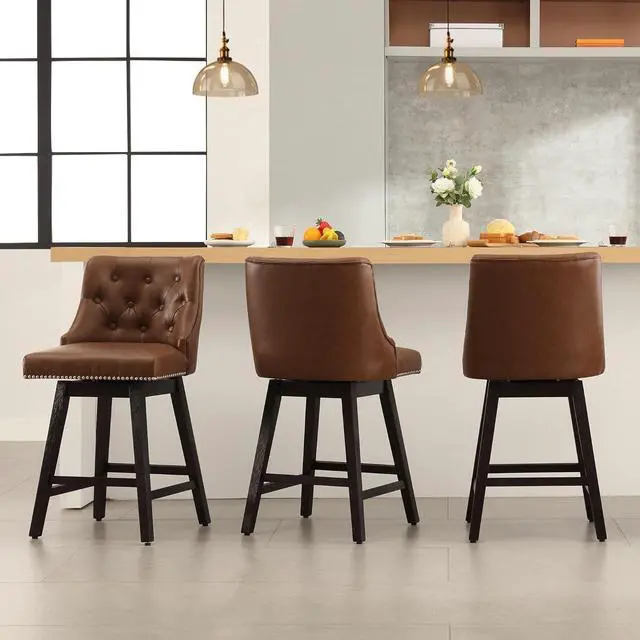 Main image of Swivel Bar Stools Counter Height, 26" Faux Leather Upholstered Swivel Counter Stools with Back Set of 3, Modern Kitchen Island Stools with Solid Wood Legs, Brown