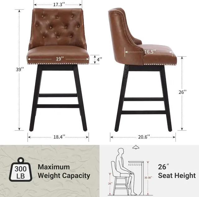 Alt view image 2 of 6 - Swivel Bar Stools Counter Height, 26" Faux Leather Upholstered Swivel Counter Stools with Back Set of 3, Modern Kitchen Island Stools with Solid Wood Legs, Brown
