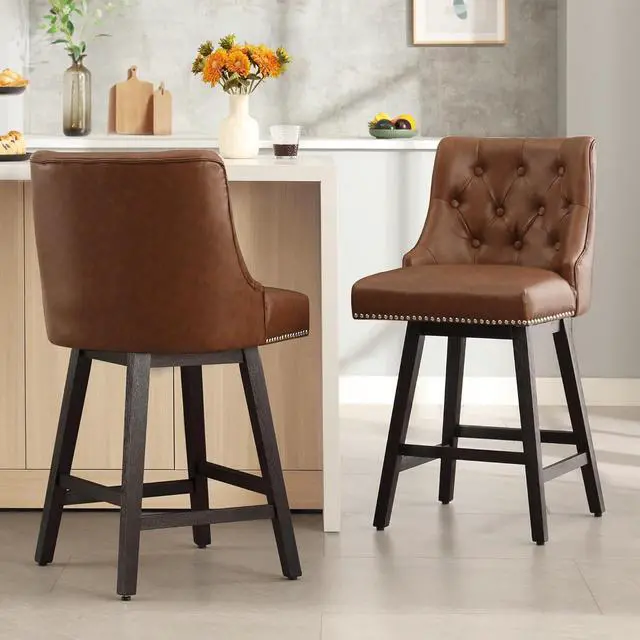 Alt view image 3 of 6 - Swivel Bar Stools Counter Height, 26" Faux Leather Upholstered Swivel Counter Stools with Back Set of 3, Modern Kitchen Island Stools with Solid Wood Legs, Brown