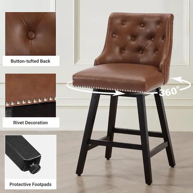 Alt view image 5 of 6 - Swivel Bar Stools Counter Height, 26" Faux Leather Upholstered Swivel Counter Stools with Back Set of 3, Modern Kitchen Island Stools with Solid Wood Legs, Brown