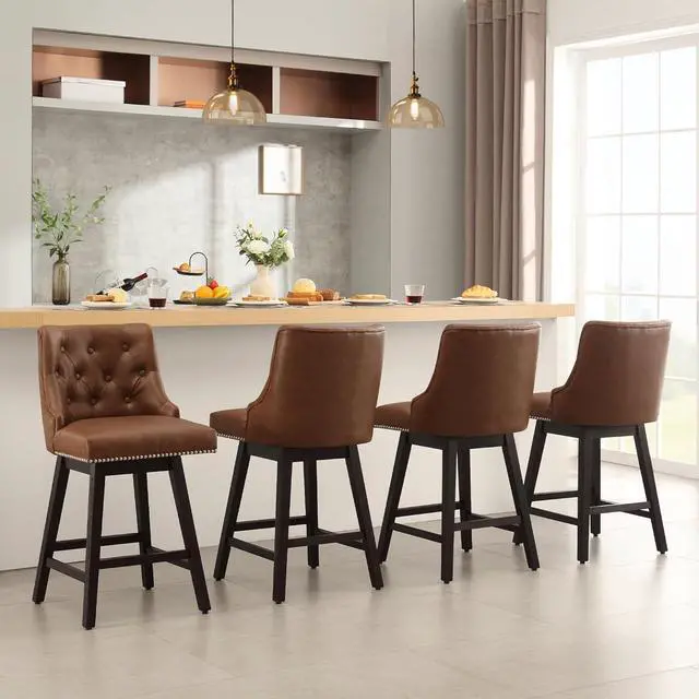 Alt view image 6 of 6 - Swivel Bar Stools Counter Height, 26" Faux Leather Upholstered Swivel Counter Stools with Back Set of 3, Modern Kitchen Island Stools with Solid Wood Legs, Brown