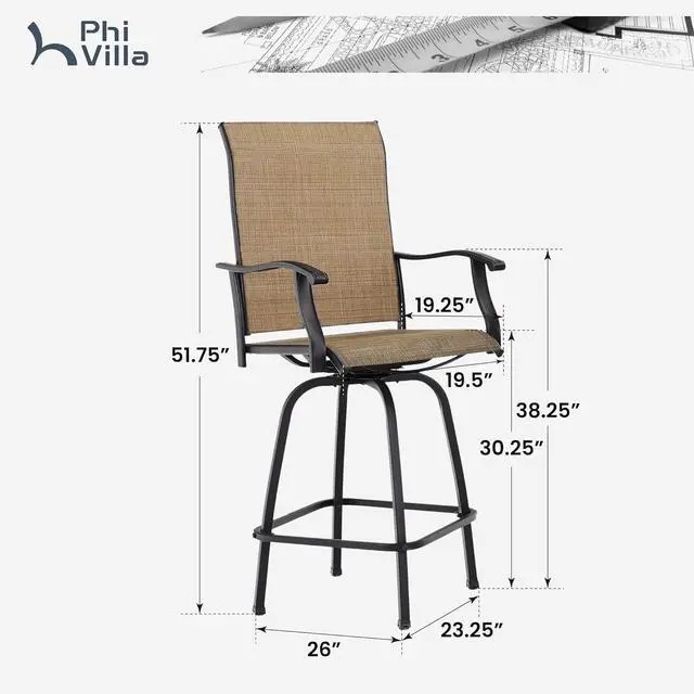 Alt view image 3 of 7 - PHI VILLA Outdoor Swivel Bar Stools Set of 2, Bar Height Patio Chairs 30" Seat Height with All-Weather Brown Textilene Fabric, Tall Patio Chairs Furniture for Outside, Deck, Yard and Garden