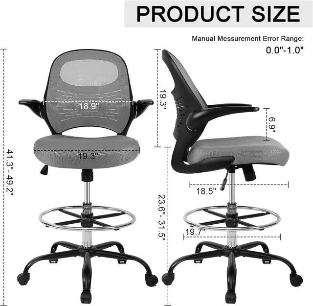 Alt view image 2 of 7 - HYLONE Drafting Chair Tall Stool, Ergonomic Office Chairs Tall Standing Desk Chair Flip-up Armrest Tall Drafting Stool Heavy Duty Drafting Chair Adjustable Counter Height Chairs