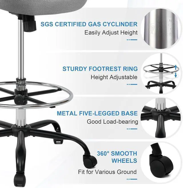 Alt view image 3 of 7 - HYLONE Drafting Chair Tall Stool, Ergonomic Office Chairs Tall Standing Desk Chair Flip-up Armrest Tall Drafting Stool Heavy Duty Drafting Chair Adjustable Counter Height Chairs