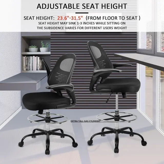 Alt view image 6 of 7 - HYLONE Drafting Chair Tall Stool, Ergonomic Office Chairs Tall Standing Desk Chair Flip-up Armrest Tall Drafting Stool Heavy Duty Drafting Chair Adjustable Counter Height Chairs