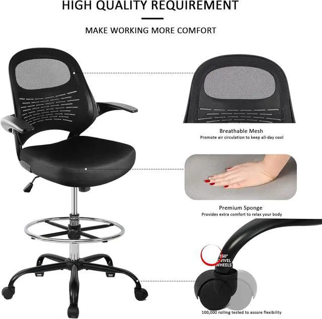 Alt view image 7 of 7 - HYLONE Drafting Chair Tall Stool, Ergonomic Office Chairs Tall Standing Desk Chair Flip-up Armrest Tall Drafting Stool Heavy Duty Drafting Chair Adjustable Counter Height Chairs