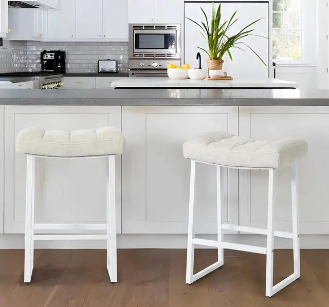 Main image of White & Beige Counter Height Bar Stools Set of 2 for Kitchen Counter Modern Backless Barstools with Upholstered Faux Leather Seat and Metal Frame Industrial 24 inch Bar Chairs