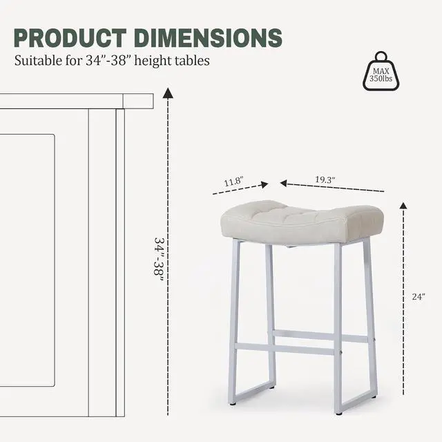 Alt view image 2 of 7 - White & Beige Counter Height Bar Stools Set of 2 for Kitchen Counter Modern Backless Barstools with Upholstered Faux Leather Seat and Metal Frame Industrial 24 inch Bar Chairs