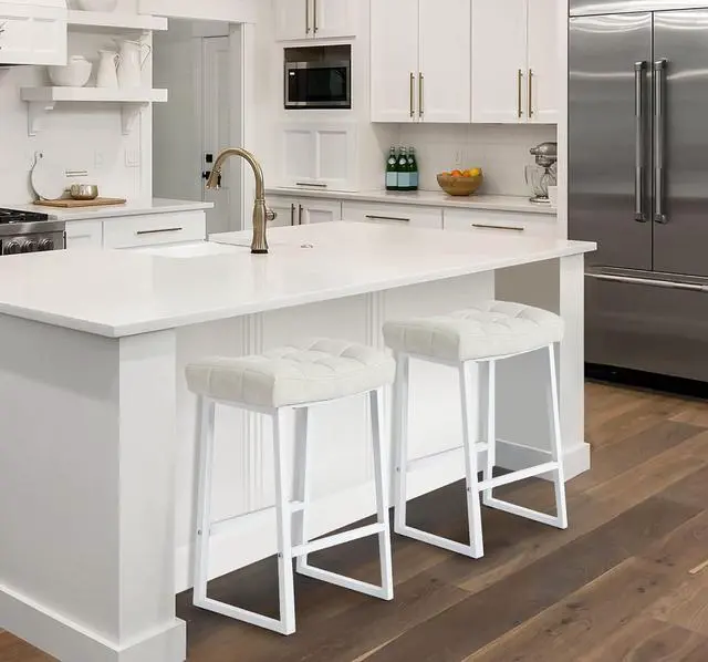 Alt view image 3 of 7 - White & Beige Counter Height Bar Stools Set of 2 for Kitchen Counter Modern Backless Barstools with Upholstered Faux Leather Seat and Metal Frame Industrial 24 inch Bar Chairs