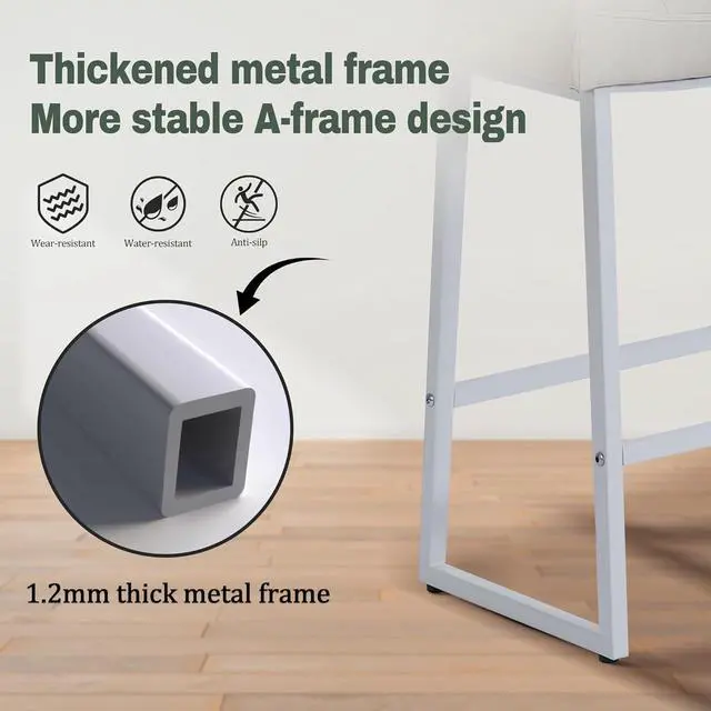 Alt view image 6 of 7 - White & Beige Counter Height Bar Stools Set of 2 for Kitchen Counter Modern Backless Barstools with Upholstered Faux Leather Seat and Metal Frame Industrial 24 inch Bar Chairs