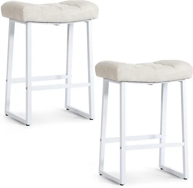 Alt view image 7 of 7 - White & Beige Counter Height Bar Stools Set of 2 for Kitchen Counter Modern Backless Barstools with Upholstered Faux Leather Seat and Metal Frame Industrial 24 inch Bar Chairs