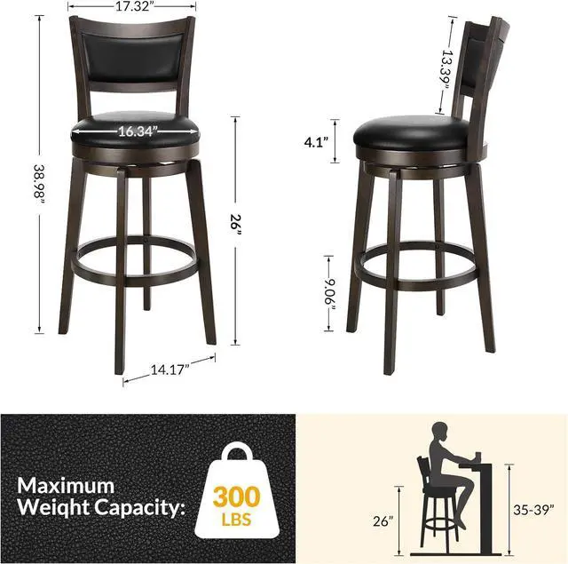 Alt view image 3 of 7 - PrimeZone Swivel Bar Stools Set of 2, 26 Inch Counter Height Barstools, Black Faux Leather Bar Stool with High Backrest & Solid Wood Legs & Wrap-around Footrest, Counter Stools for Kitchen Island, Pub
