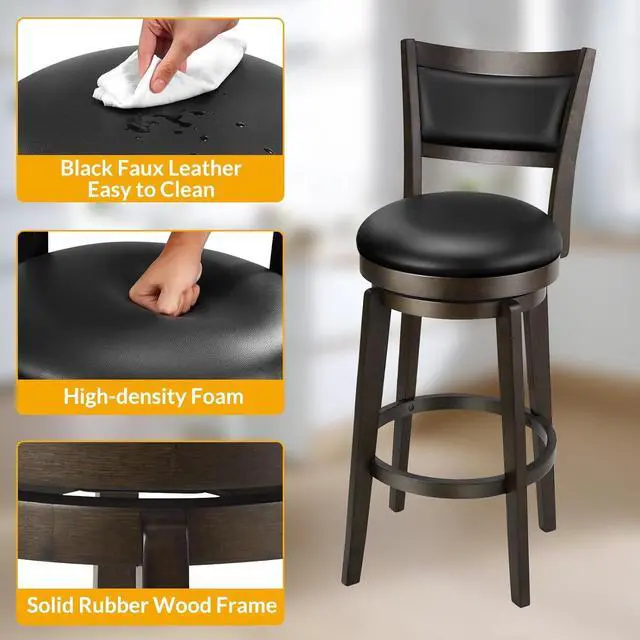 Alt view image 6 of 7 - PrimeZone Swivel Bar Stools Set of 2, 26 Inch Counter Height Barstools, Black Faux Leather Bar Stool with High Backrest & Solid Wood Legs & Wrap-around Footrest, Counter Stools for Kitchen Island, Pub