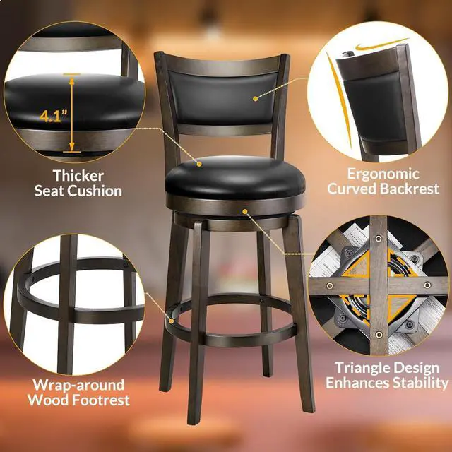 Alt view image 5 of 7 - PrimeZone Swivel Bar Stools Set of 2, 26 Inch Counter Height Barstools, Black Faux Leather Bar Stool with High Backrest & Solid Wood Legs & Wrap-around Footrest, Counter Stools for Kitchen Island, Pub