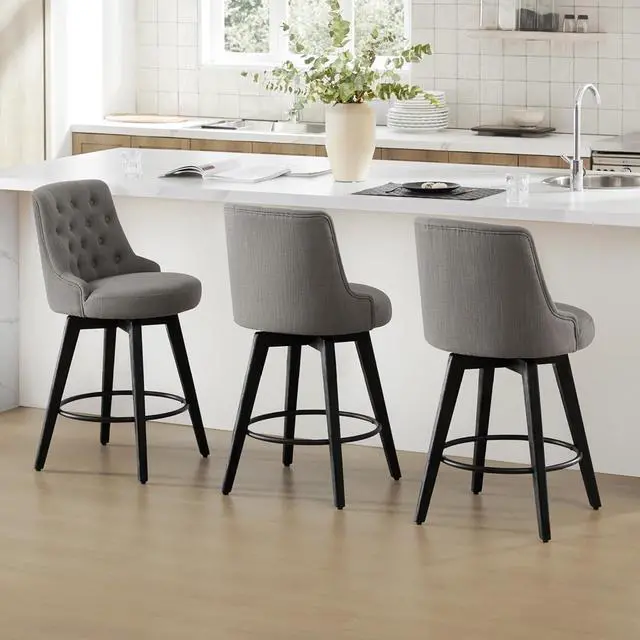 Alt view image 2 of 7 - Watson & Whitely Modern Swivel Bar Stools, Performance Fabric Upholstered Counter Height Bar Stool with Back, Solid Wood Legs, 26" H Seat, Set of 2, Flint Grey