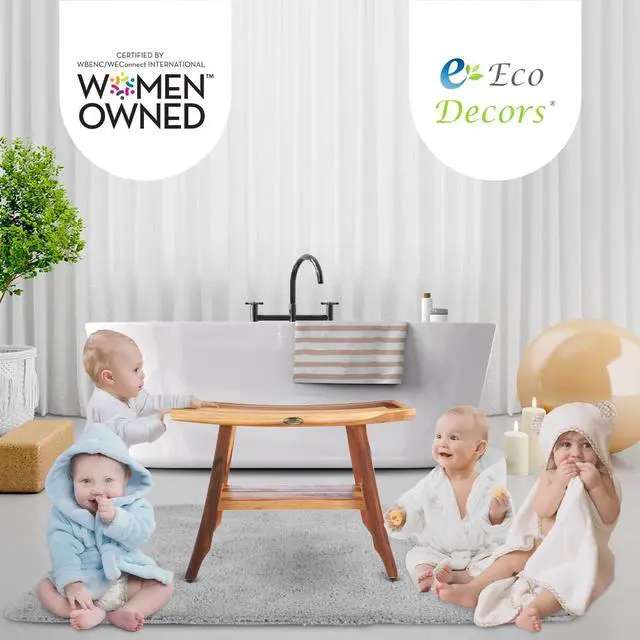 Alt view image 3 of 7 - EcoDecors 24 Inch Satori Natural Teak Waterproof Teak Wood Shower Bench Stool Seat Chair for Inside Shower Provides Safety, Storage, and Organization for Bathroom Accessories