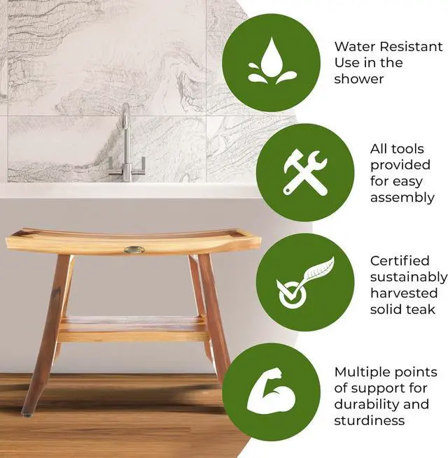 Alt view image 5 of 7 - EcoDecors 24 Inch Satori Natural Teak Waterproof Teak Wood Shower Bench Stool Seat Chair for Inside Shower Provides Safety, Storage, and Organization for Bathroom Accessories