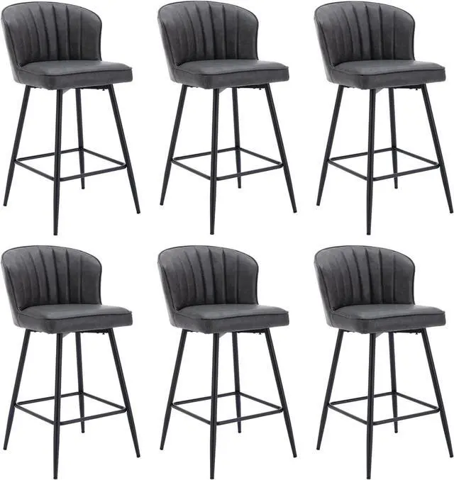 Main image of Grey Leather Counter Stools Set of 6 Mid Century Modern Bar Stools Upholstered Counter Height Stool Chairs 26 Inch kitchen Island Chairs with Back, PU Faux Letaher