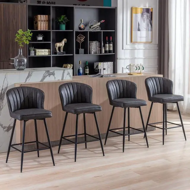 Alt view image 2 of 7 - Grey Leather Counter Stools Set of 6 Mid Century Modern Bar Stools Upholstered Counter Height Stool Chairs 26 Inch kitchen Island Chairs with Back, PU Faux Letaher