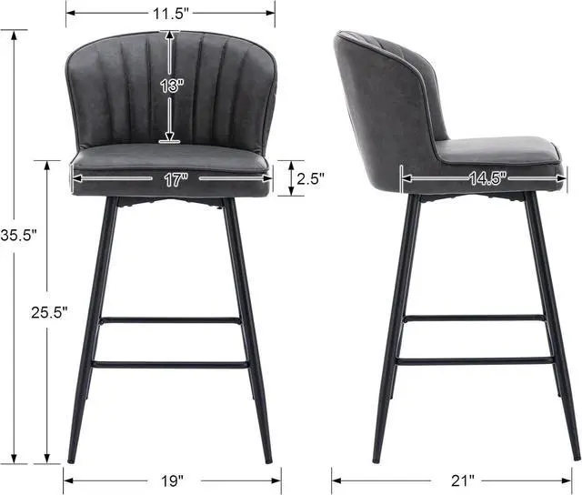 Alt view image 3 of 7 - Grey Leather Counter Stools Set of 6 Mid Century Modern Bar Stools Upholstered Counter Height Stool Chairs 26 Inch kitchen Island Chairs with Back, PU Faux Letaher