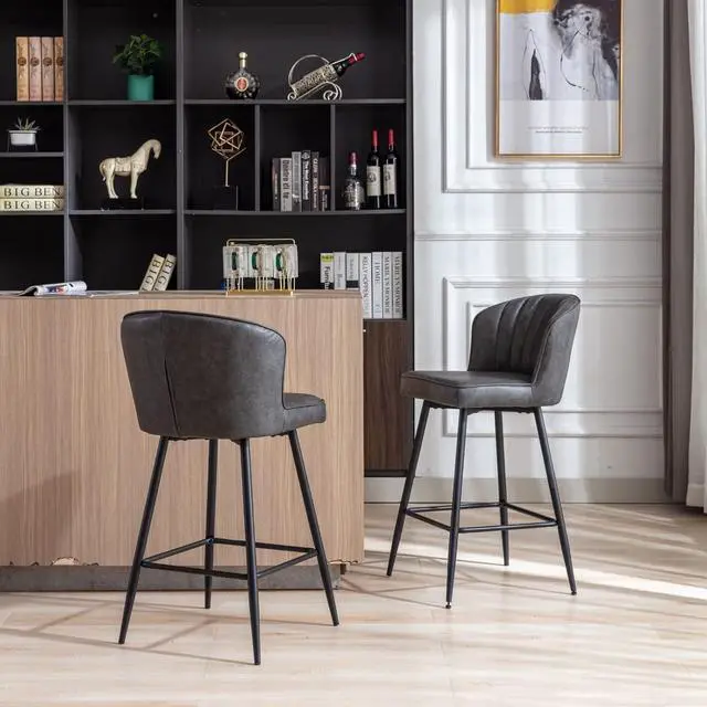 Alt view image 4 of 7 - Grey Leather Counter Stools Set of 6 Mid Century Modern Bar Stools Upholstered Counter Height Stool Chairs 26 Inch kitchen Island Chairs with Back, PU Faux Letaher