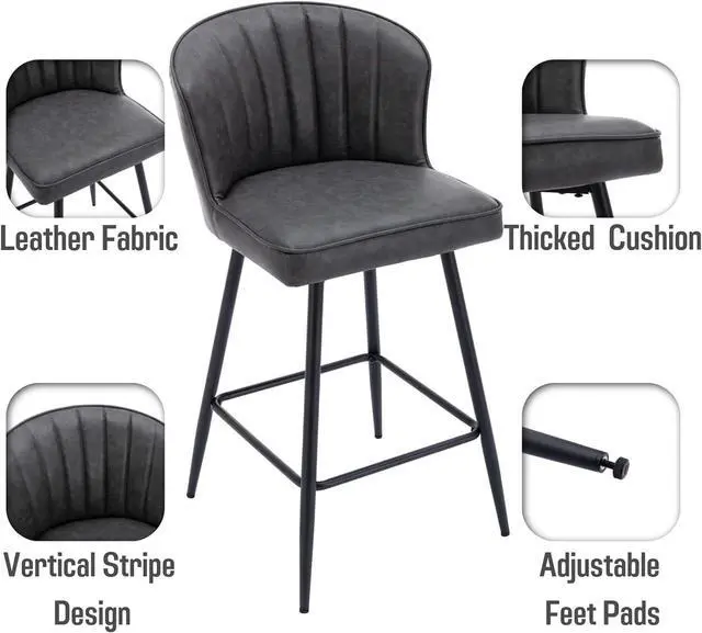 Alt view image 5 of 7 - Grey Leather Counter Stools Set of 6 Mid Century Modern Bar Stools Upholstered Counter Height Stool Chairs 26 Inch kitchen Island Chairs with Back, PU Faux Letaher