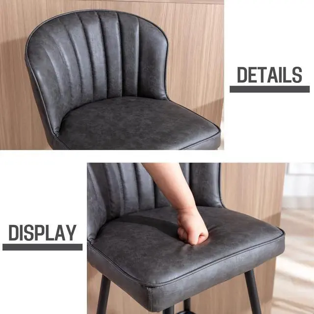 Alt view image 6 of 7 - Grey Leather Counter Stools Set of 6 Mid Century Modern Bar Stools Upholstered Counter Height Stool Chairs 26 Inch kitchen Island Chairs with Back, PU Faux Letaher