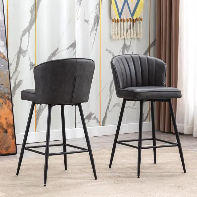 Alt view image 7 of 7 - Grey Leather Counter Stools Set of 6 Mid Century Modern Bar Stools Upholstered Counter Height Stool Chairs 26 Inch kitchen Island Chairs with Back, PU Faux Letaher
