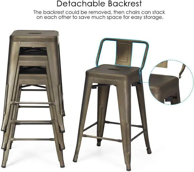 Alt view image 6 of 7 - GOFLAME 24" Metal Bar Stools Set of 4, Industrial Cafe Side Chairs with Removable Back and Rubber Feet, Stackable Counter Stool for Bistro, Cafe, Kitchen, Living Room, Gun