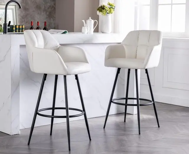 Alt view image 2 of 7 - CIMOTA Modern Bar Stools Set of 4 Upholstered Bar Height Tall Stools for Kitchen Island, Leather Counter Height Barstools Island Chairs with Back and Metal Footrest for Home Bar/Pub, 30 Inch Beige