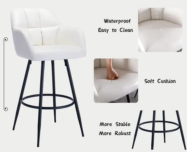 Alt view image 3 of 7 - CIMOTA Modern Bar Stools Set of 4 Upholstered Bar Height Tall Stools for Kitchen Island, Leather Counter Height Barstools Island Chairs with Back and Metal Footrest for Home Bar/Pub, 30 Inch Beige