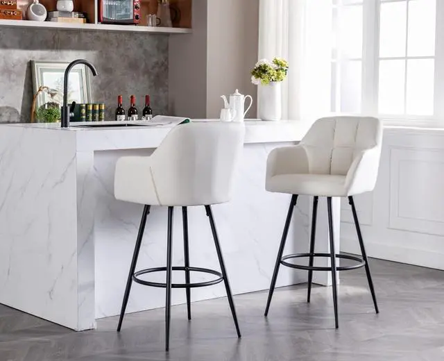Alt view image 6 of 7 - CIMOTA Modern Bar Stools Set of 4 Upholstered Bar Height Tall Stools for Kitchen Island, Leather Counter Height Barstools Island Chairs with Back and Metal Footrest for Home Bar/Pub, 30 Inch Beige