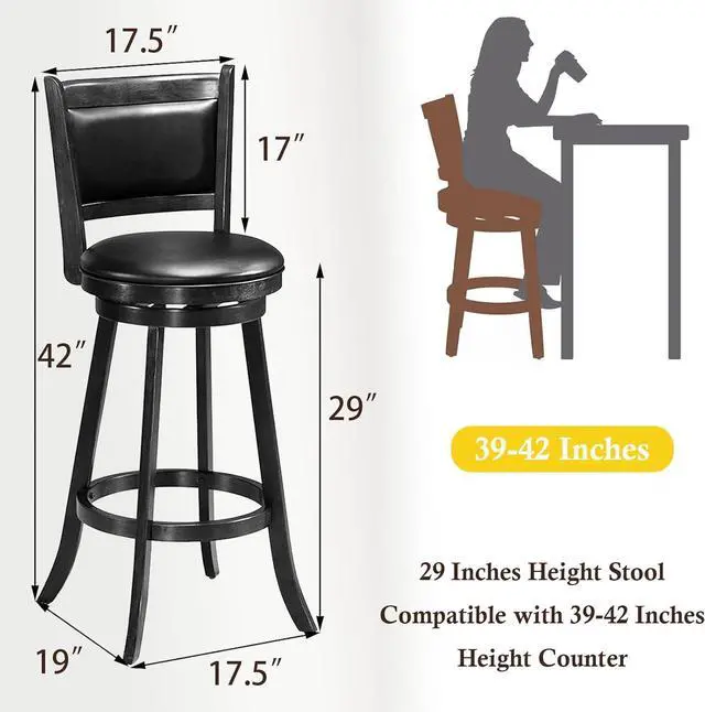 Alt view image 3 of 7 - ERGOMASTER Bar Stools Set of 4, 29 Bar Height Stools for Kitchen Island, Rubber Wood, Swivel Barstools with Backs for Pub, Restaurant, Black